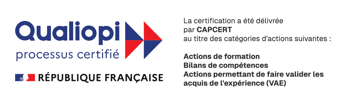 Logo Qualiopi indiquant la certification de Phoenix Formation par CAPCERT pour les actions de formation, les bilans de compétences et la VAE.